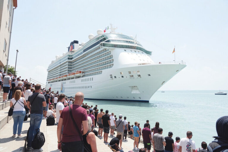 Large white cruise ship docked at a sunny port with a crowd of onlookers along the quay