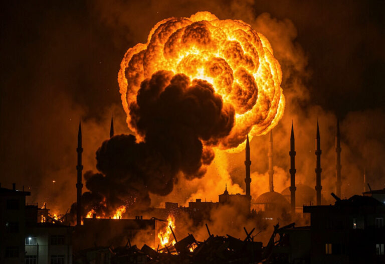 Massive fiery explosion rising over a city at night, with dark smoke and silhouetted minarets in the foreground.