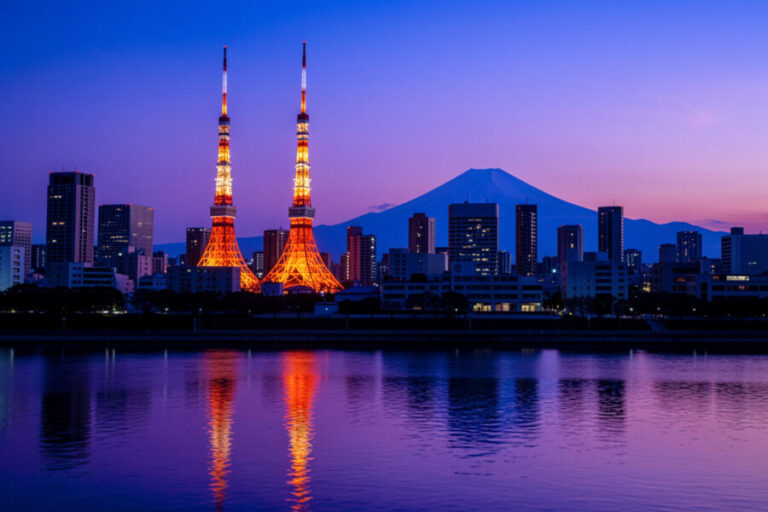 Evening cityscape of Tokyo with two illuminated orange towers, Mt. Fuji in the distance, and a reflection on the river.