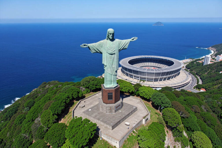 Aerial view of the Christ the Redeemer statue with Maracanã Stadium and the ocean behind it in Rio de Janeiro, Brazil.