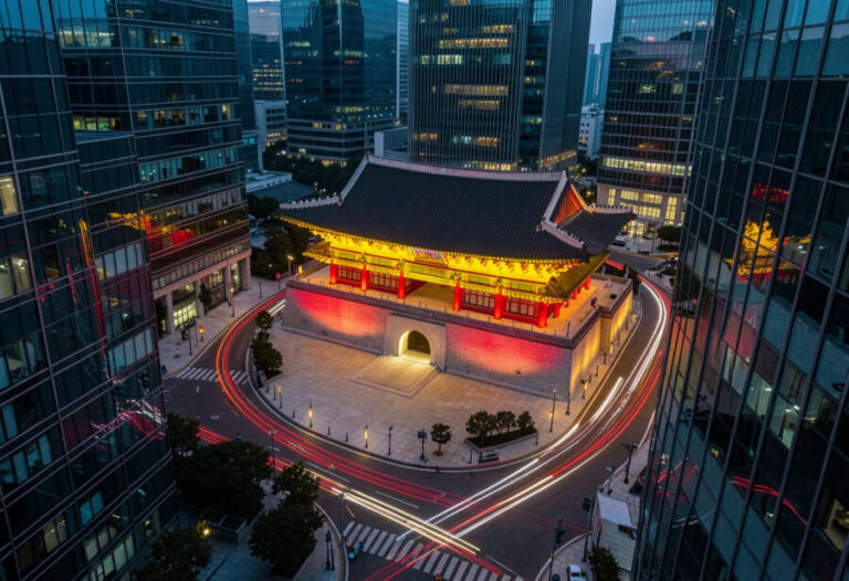 Traditional illuminated gate at the center of a city square, surrounded by tall glass skyscrapers and light-trail traffic at night.