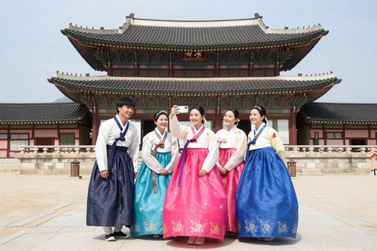 Five people in colorful hanbok posing for a selfie in front of a traditional Korean palace courtyard.