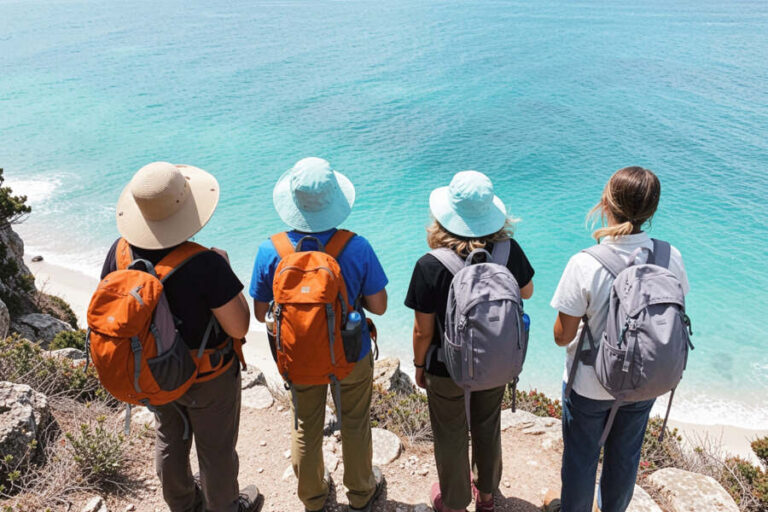 Four hikers with backpacks stand at a cliff edge looking out over turquoise sea. From behind, wide-brim hats shade them as waves meet a sandy shore (informative).