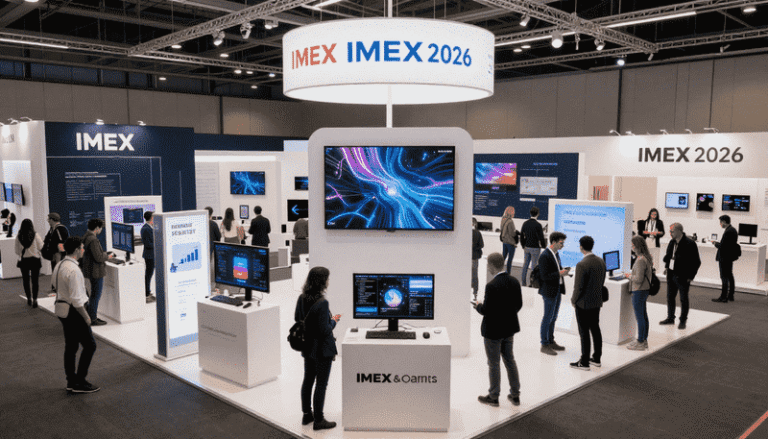 Trade show booth for IMEX 2026 with multiple displays and attendees exploring demo stations at a convention hall.