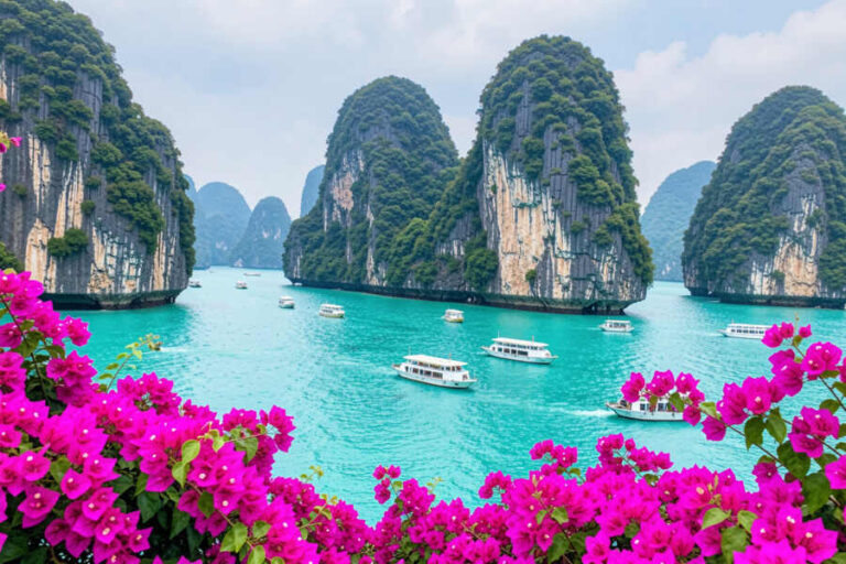 Turquoise bay with towering green karst islands and several white boats, framed by bright pink flowers in the foreground.