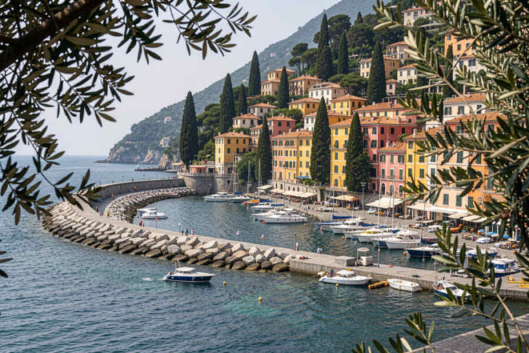 Colorful seaside town with pastel buildings lining a harbor, boats docked along a stone breakwater and olive branches framing the scene.