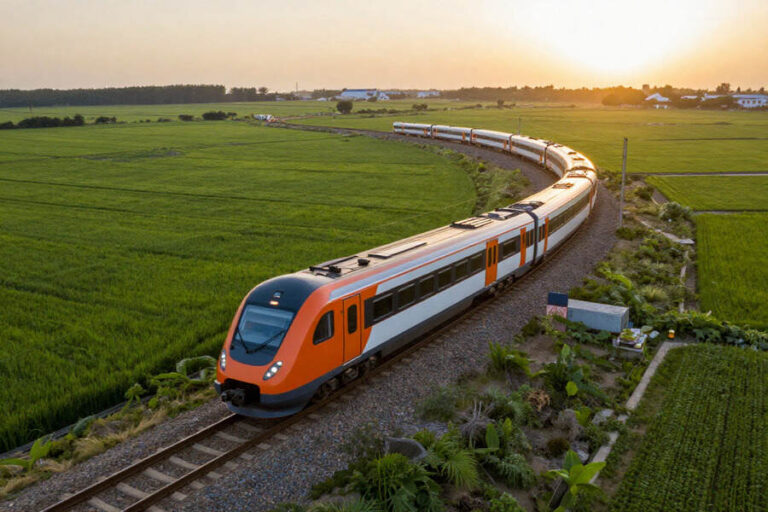 Orange-fronted passenger train curves along a countryside track at sunset.