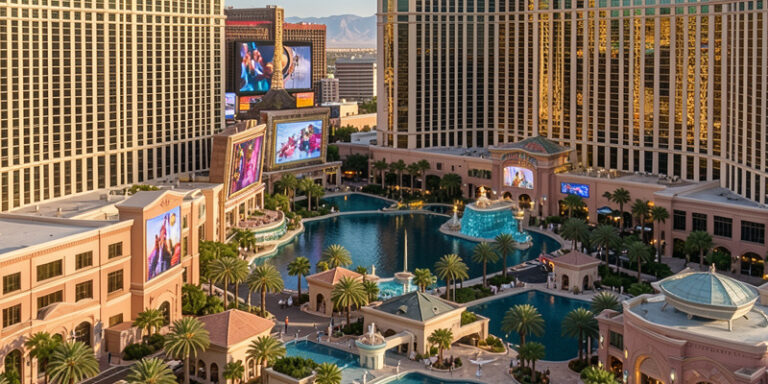 Aerial view of the Bellagio hotel in Las Vegas with the central fountain pool, palm trees, and surrounding towers.