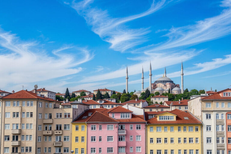 Pastel-colored apartment buildings with red roofs in a hillside, and a blue sky with wispy clouds behind a domed mosque and minarets in the distance