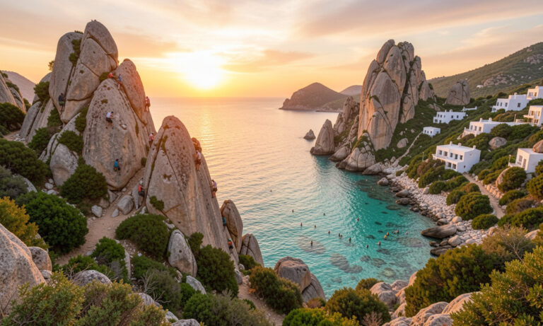 Sunset over a turquoise cove framed by tall granite boulders, with white hillside houses and people climbing the rocks.