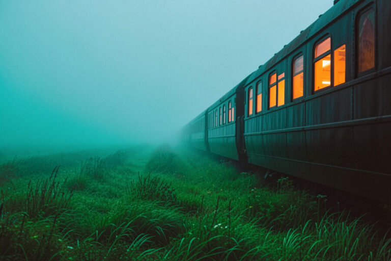 Train car in a foggy field with green grass, warm orange interior lights shining through windows.