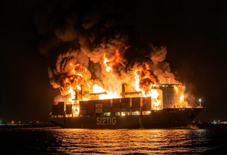 Cargo ship on fire at night with large flames and thick smoke rising from containers.