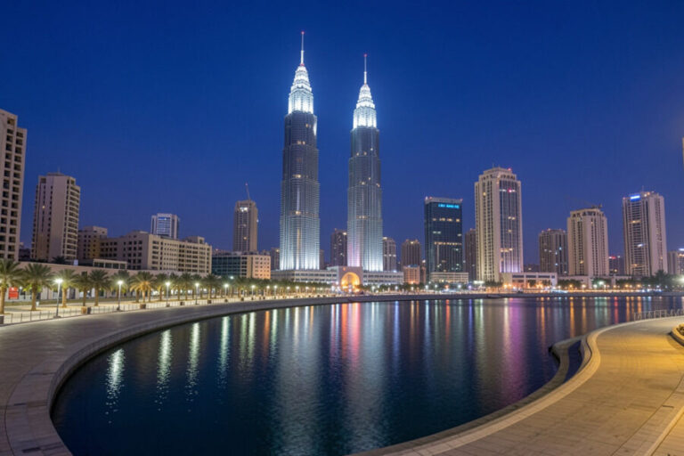 Night skyline with the illuminated Petronas Twin Towers and city buildings reflected in a curved waterfront promenade.