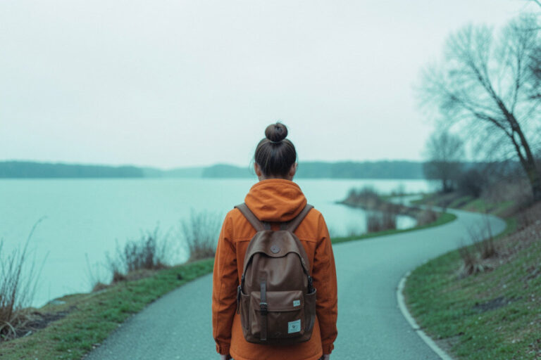 Back view of a person in an orange jacket with a brown backpack walking along a paved lakefront path.