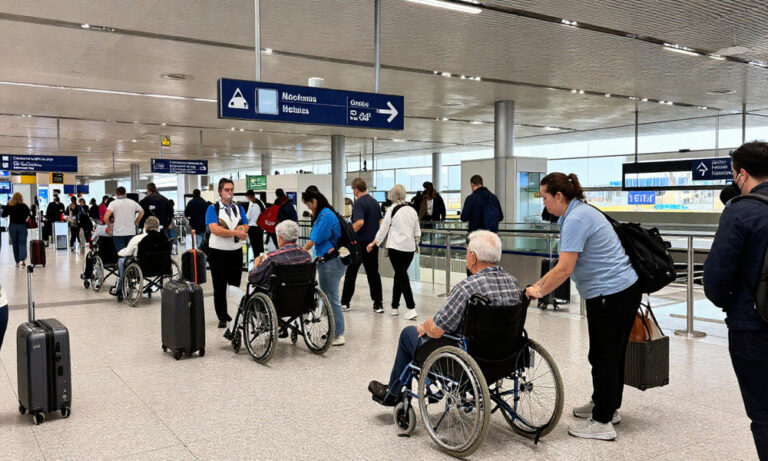 Busy airport terminal with wheelchair users and staff assisting, luggage scattered on the floor.