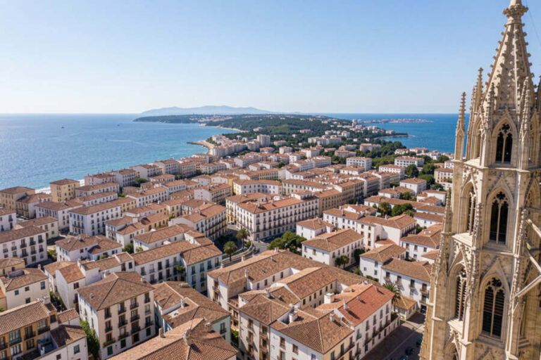 Aerial view of a seaside town with orange-tiled rooftops and a Gothic church spire on the right, blue sea in the distance.