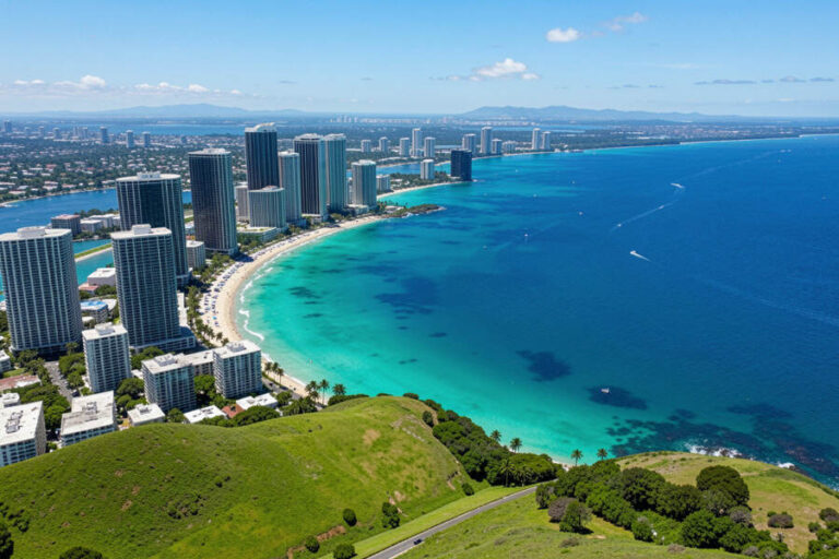 Aerial view of a curved white-sand beach with tall modern buildings along turquoise water.','Coastal cityscape with high-rise hotels lining a turquoise bay and green hills in the foreground.','Tropical seaside skyline: skyscrapers along a bright blue ocean, with green hills at the front.','Aerial panorama of a sunny coast: beach, skyline of high-rises, turquoise sea, and grassy hills.