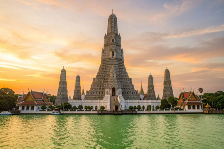 Wat Arun temple complex on the river at sunset, central tall prang flanked by smaller towers.