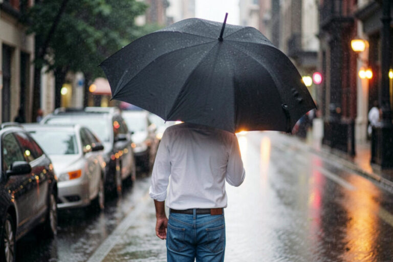 Person walking away in a rain-soaked city street, holding a large black umbrella.