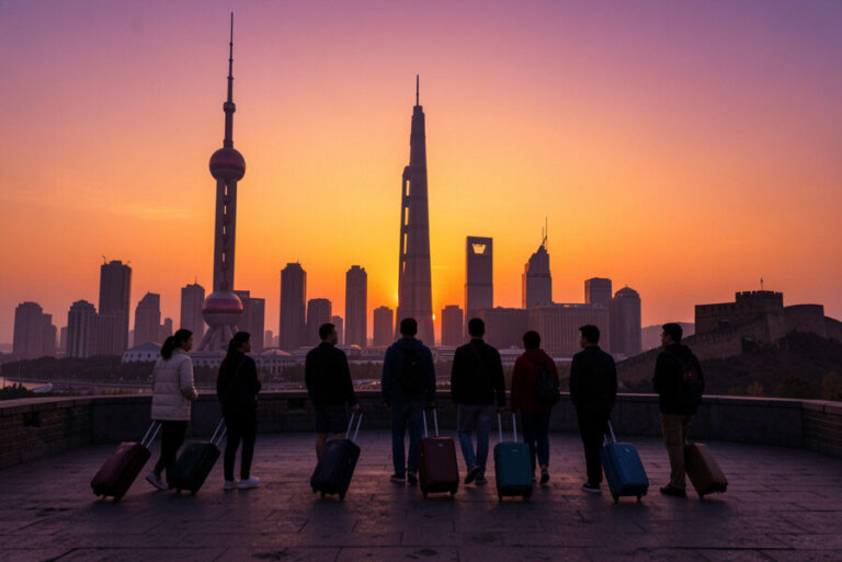 Group of travelers with rolling suitcases silhouetted against a sunset over Shanghai's skyline, including the Pearl Tower and tall skyscrapers.