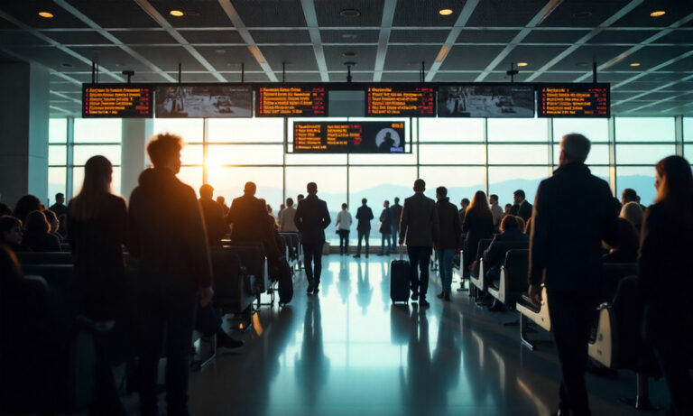Busy airport terminal with travelers seated and standing, backlit by sunset through large windows and departure boards overhead