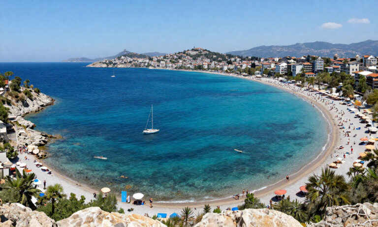 Curved sandy beach along a blue sea with sunbathers and umbrellas, facing a hillside town.