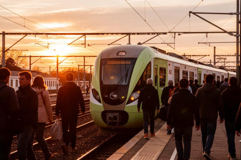 Green and white passenger train at a platform during sunset with people boarding and waiting to ride.