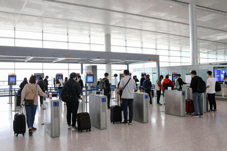 Airport security checkpoint with travelers lining up at metal turnstiles and bags on the floor or carts being scanned, bright terminal light.