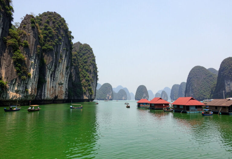 Emerald-green water with tall limestone cliffs and a floating village of red-roofed houses.