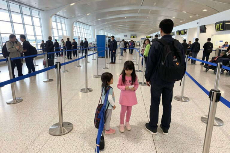 Two young girls with backpacks talk to a man in a busy airport check-in area behind blue queue ropes.