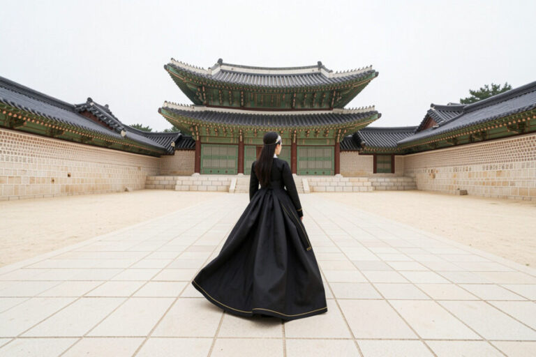 Woman in a long black hanbok walking toward a traditional Korean palace gate in a wide stone courtyard.