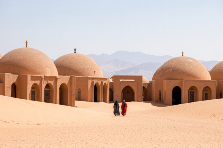 Two people in robes walk toward an arched entrance of a desert mud-brick complex with domed roofs, set in sandy dunes and distant mountains.