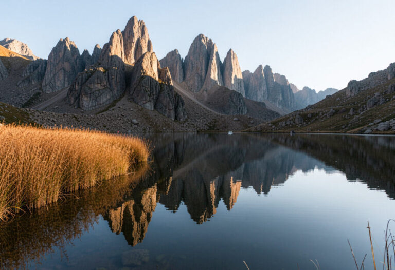 Sunlit jagged mountains reflected in a still lake, with golden reeds lining the shore in the foreground.