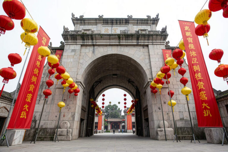 Grand stone arch gate in a temple complex, lined with red and yellow lanterns for a festival.