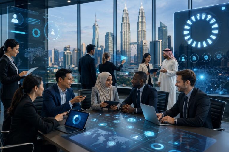 Diverse professionals in a high-tech meeting around a glass table with holographic dashboards and a city skyline backdrop.