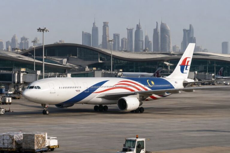 White wide-body airliner with red, white, and blue livery on the tarmac at a busy airport, city skyline in the background.
