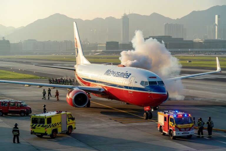 Passenger jet on the ramp with a puff of smoke near the fuselage and emergency crews surrounding the aircraft on the tarmac.