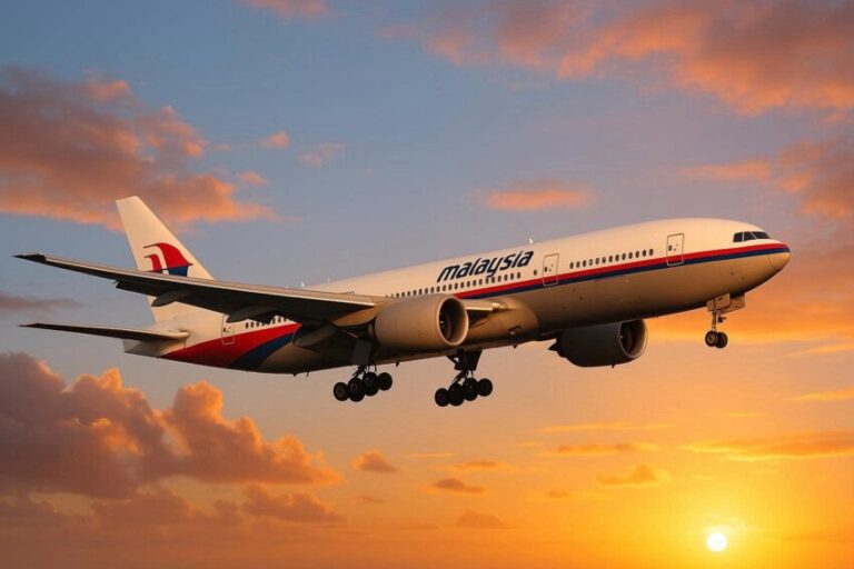 Malaysia Airlines passenger jet in flight at sunset, with landing gear extended and orange sky behind clouds (approaching landing).