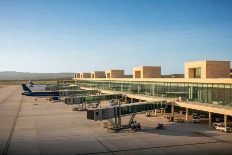 Wide view of an airport terminal with jet bridges and planes parked at gates under a clear blue sky