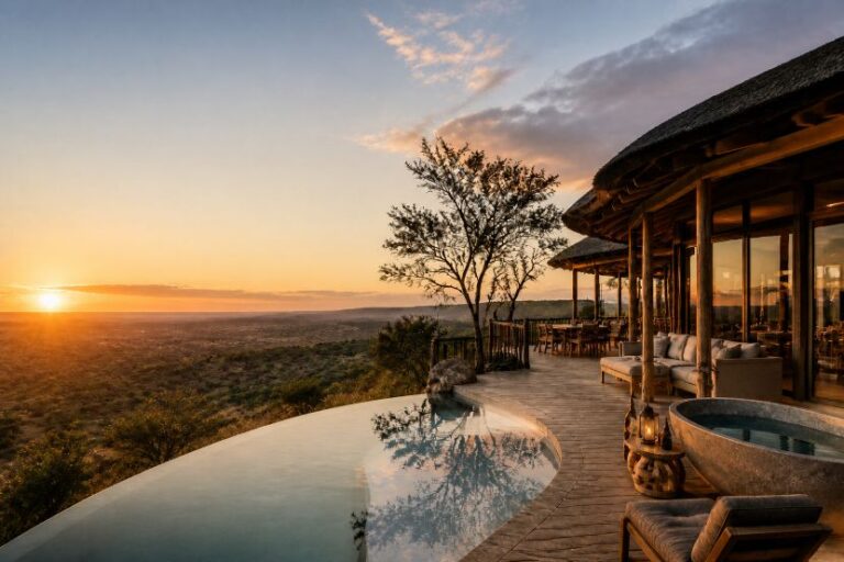 Sunset view from a wooden deck of a luxury lodge with an infinity pool and outdoor seating over a savannah landscape.