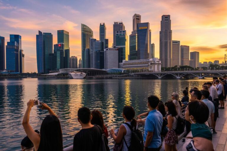 Crowd stands along a harbor promenade at sunset, watching a glowing city skyline reflected in the water.