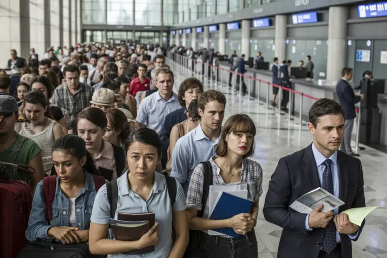 Crowded airport check-in area with travelers standing in line holding documents and luggage.