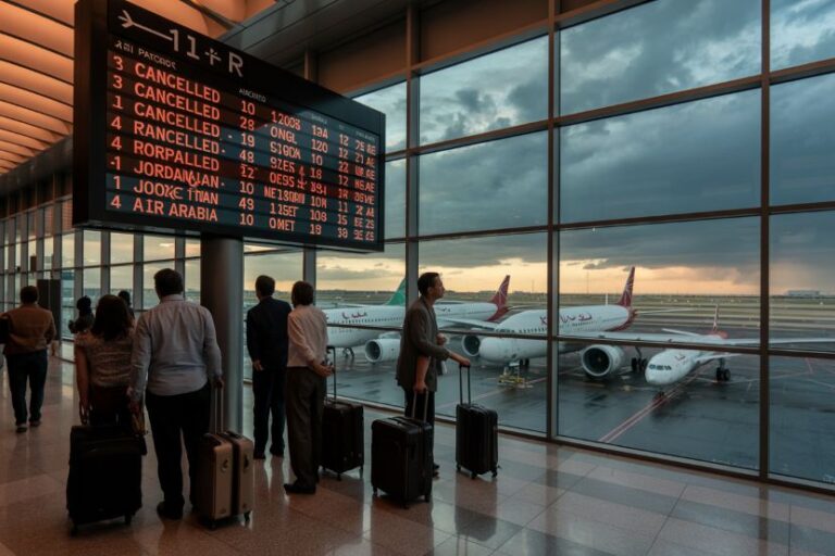 Travelers with rolling suitcases wait beside a flight information board at an airport, with planes outside at sunset.