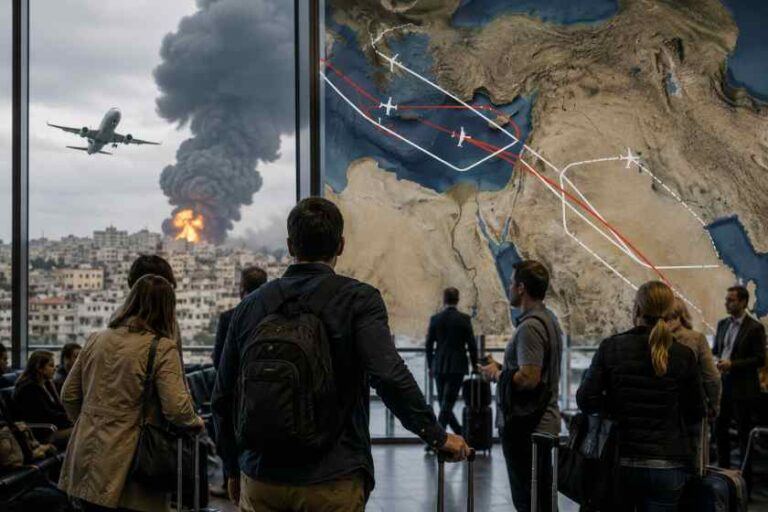 People in an airport viewing area watch a large wall map of flight routes while outside a plane flies past and a distant explosion creates smoke and fire in a cityscape.