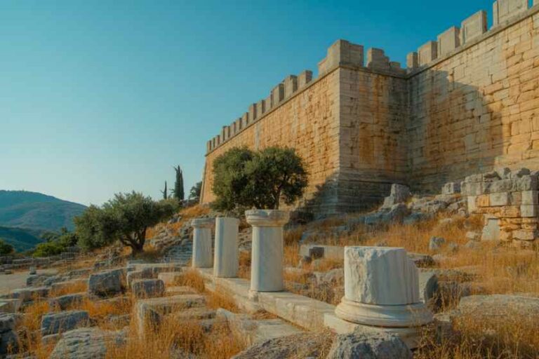 Ancient stone fortress wall with battlements, standing columns, and scattered ruins on a dry, grassy hillside under a blue sky.