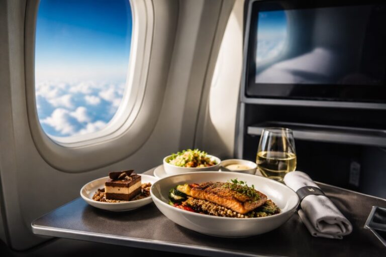 In-flight meal served on a tray: salmon with vegetables and grains, side salad, dessert, and a glass of white wine by a cabin window with clouds outside.
