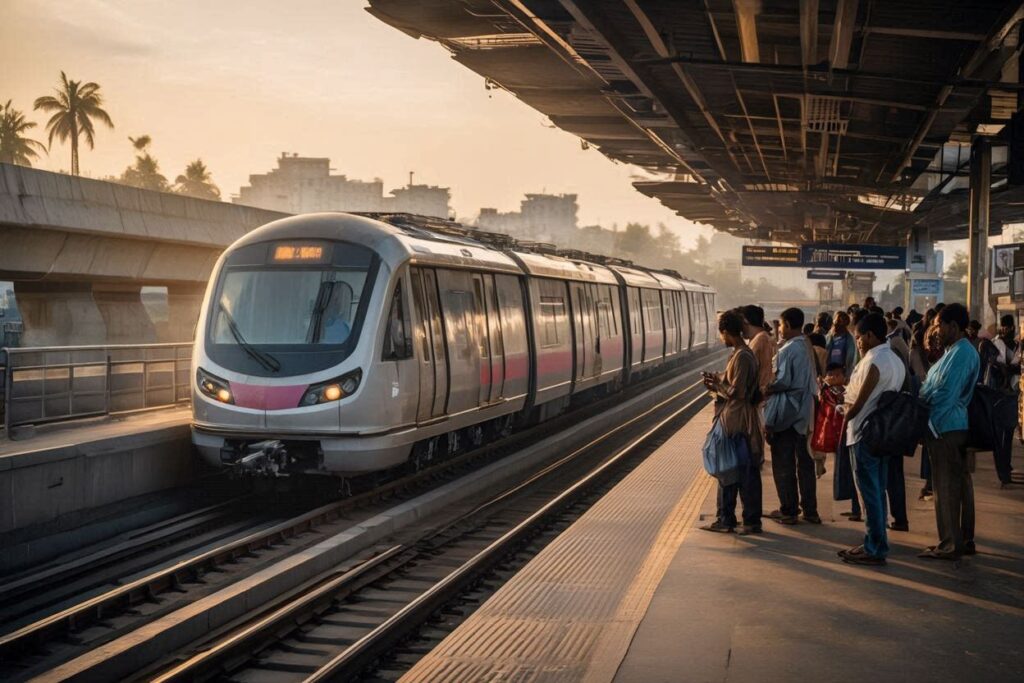 Commuters wait on a city subway platform as a modern white train arrives between tracks at dusk.