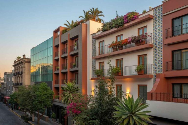 Modern apartment building with orange and white facades, balconies filled with plants along a tree-lined street at sunset.