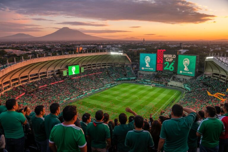 Aerial view of a packed soccer stadium at sunset, fans in green, with large World Cup 26 banners and a lush green pitch.