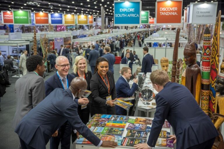 Business professionals at a trade fair booth, sharing brochures and catalogs amid colorful signs and booths in the background.